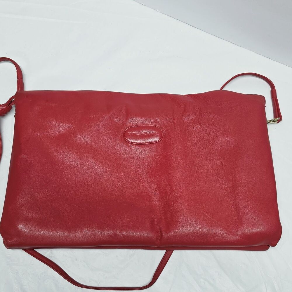 Vintage 70s TOLEDANO Red Soft Genuine Leather Large Clutch Or Crossbody